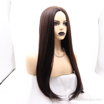 Vigorous cheap high quality long straight brown wholesale heat resistant for black women synthetic wig none lace